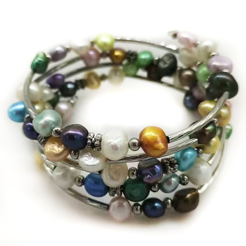 Memory Wire Bracelet - 33 inches 7-8mm Rainbow Natural Baroque
